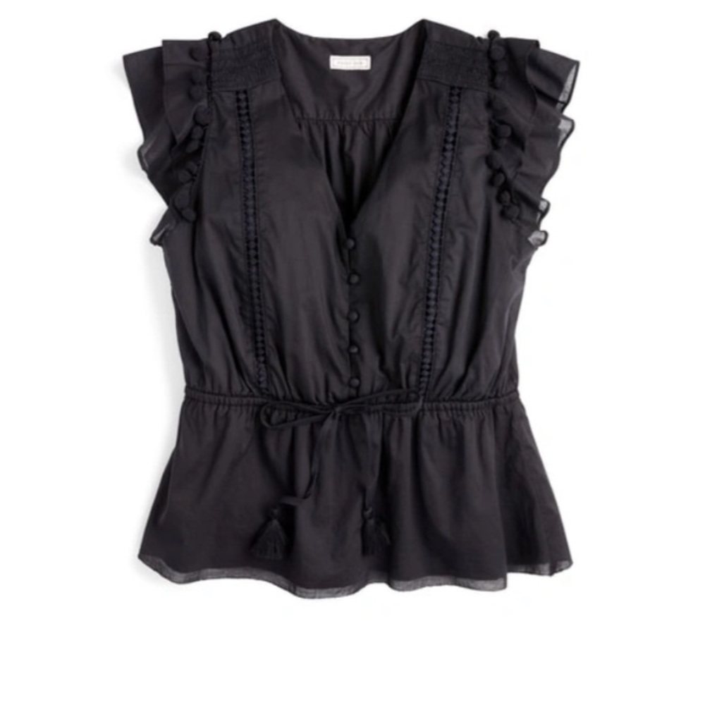 Jcrew Point Sur flutter-sleeve pom-pom top in cotton voile, size small, black